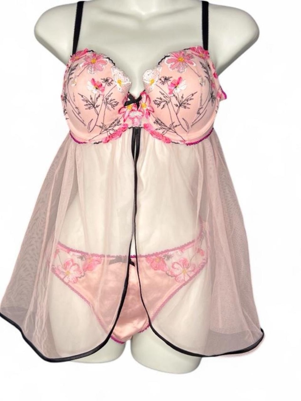 Victoria’s secret Sheer Pink Floral Embroidered Babydoll Lingerie Set